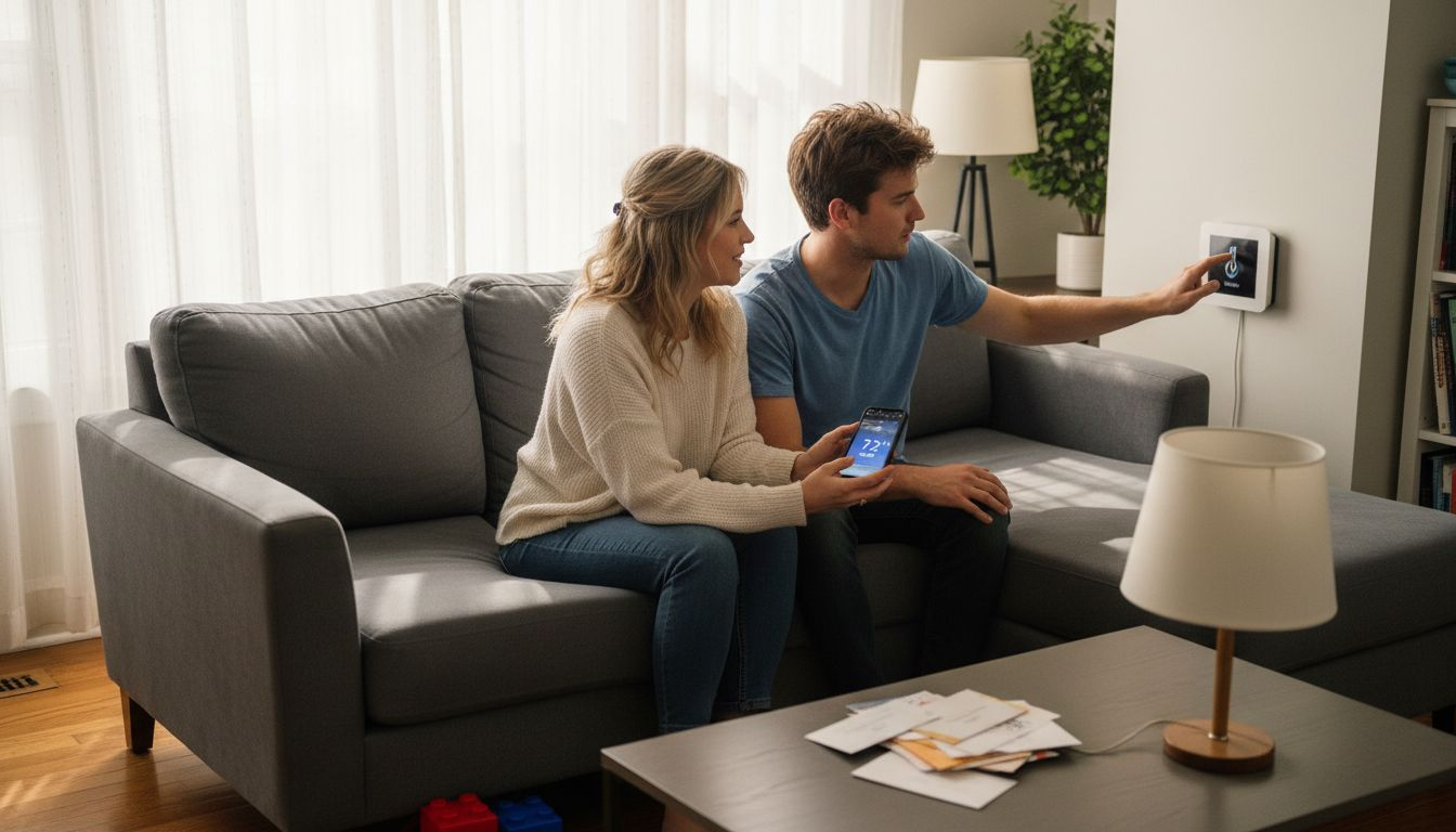 Couple adjusting smart thermostat in living room