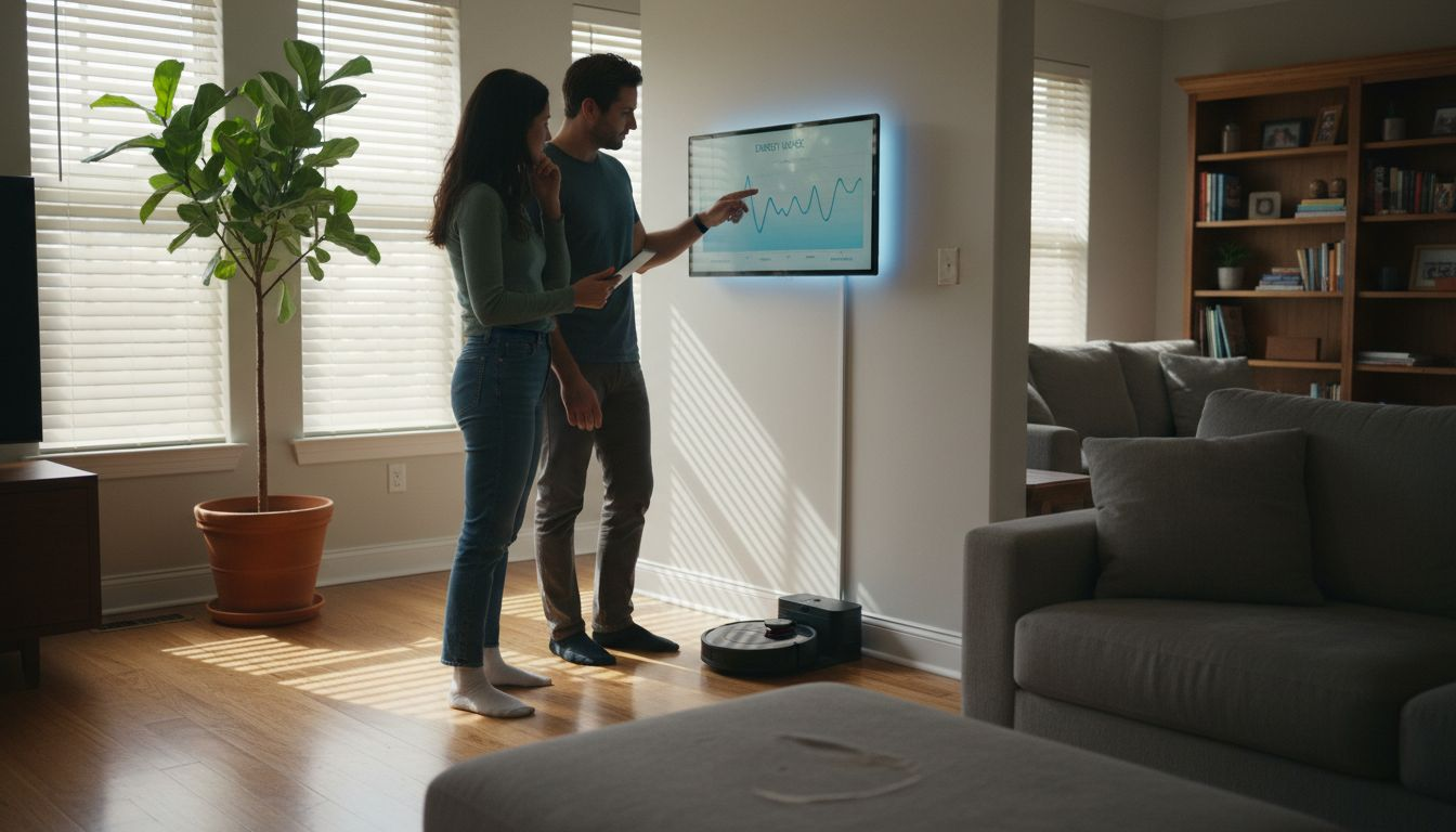 Couple checking smart home's energy stats