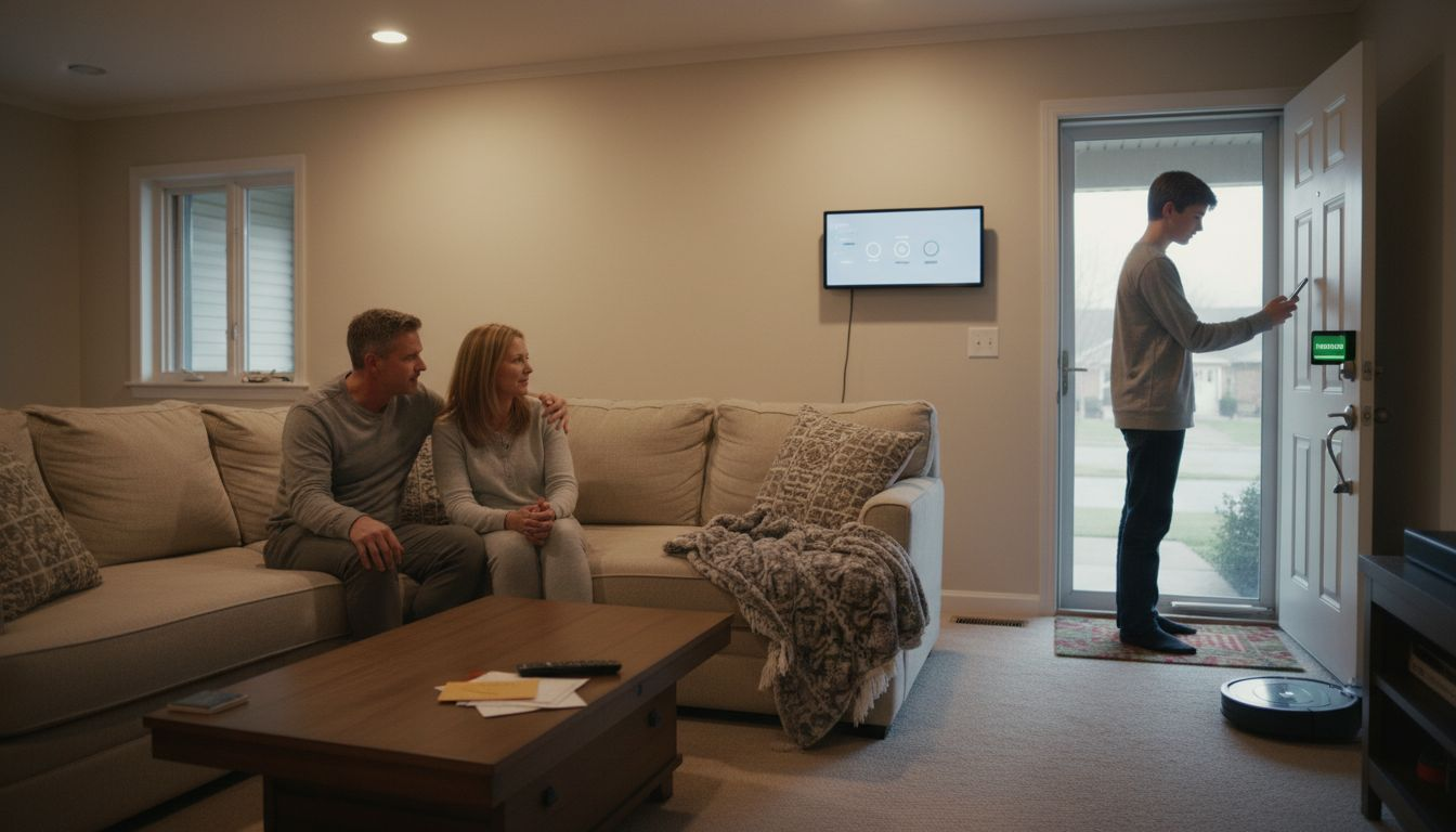 Family using smart home system in living room