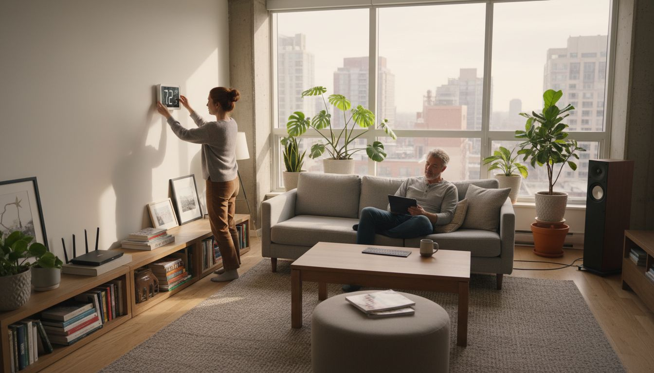 Couple using smart home devices together