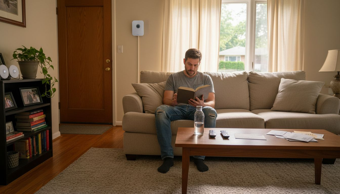 Person relaxing in smart home with visible sensors