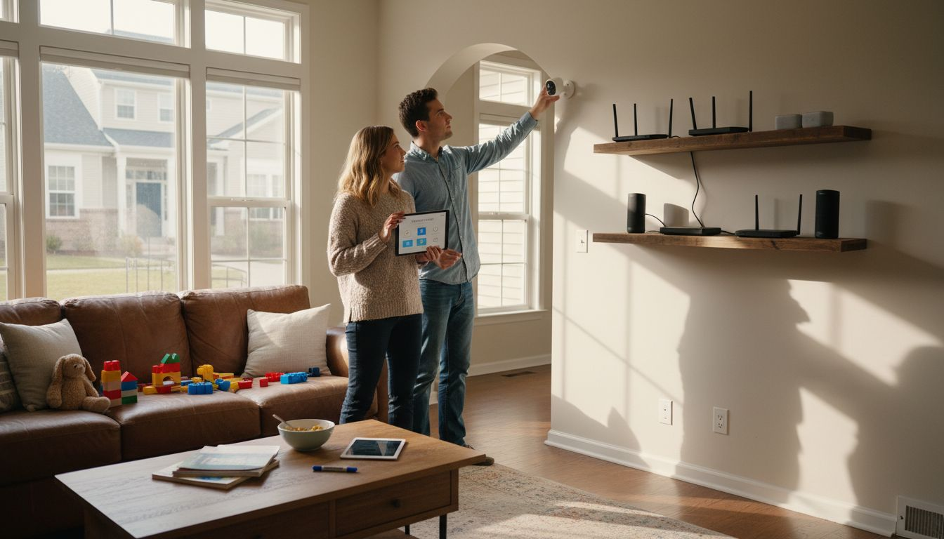 Couple adjusting smart home security devices