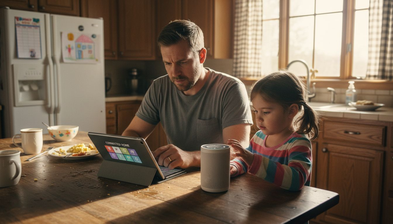 Family using smart home devices at breakfast
