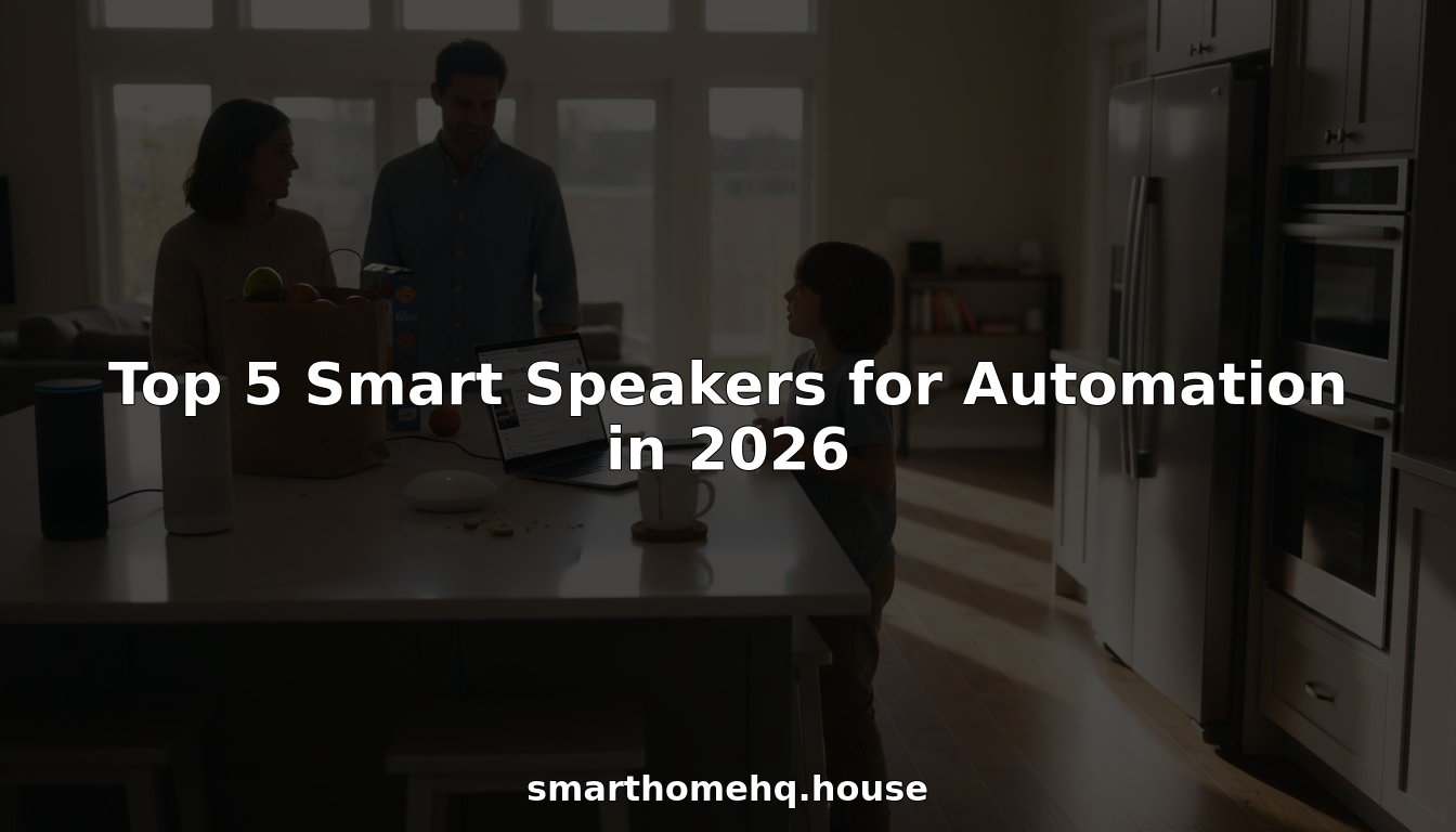 Family using smart speakers in modern kitchen