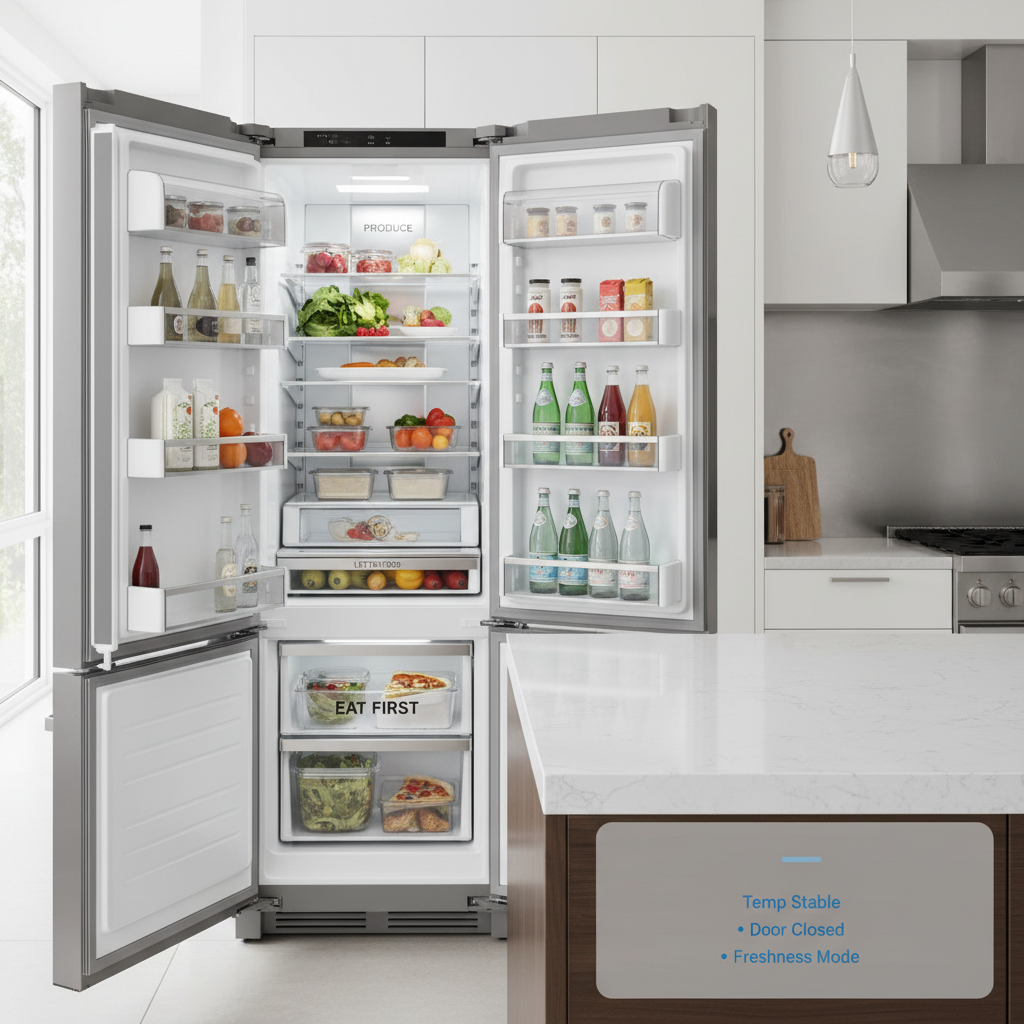 Open refrigerator showing organized zones and an ‘Eat First’ bin designed to reduce food waste