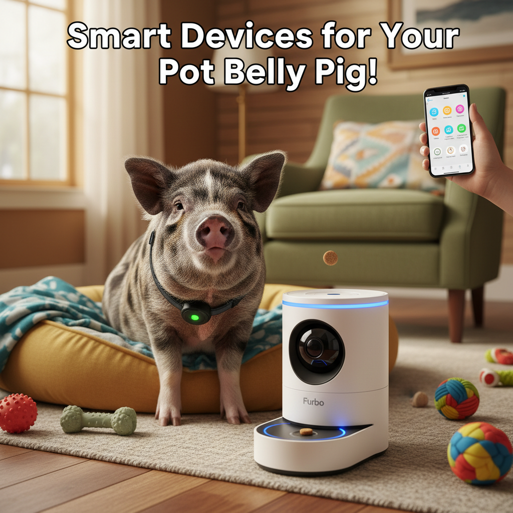 Pot belly pig with smart pet device in home for care
