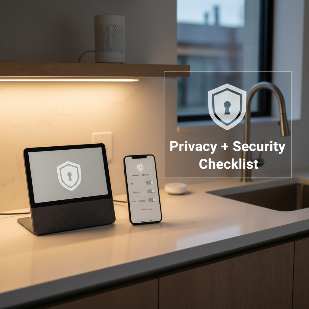 AI-Kitchen Privacy Security Checklist - Kitchen setup showing privacy toggles on a smart display and phone with a lock icon, representing smart kitchen security