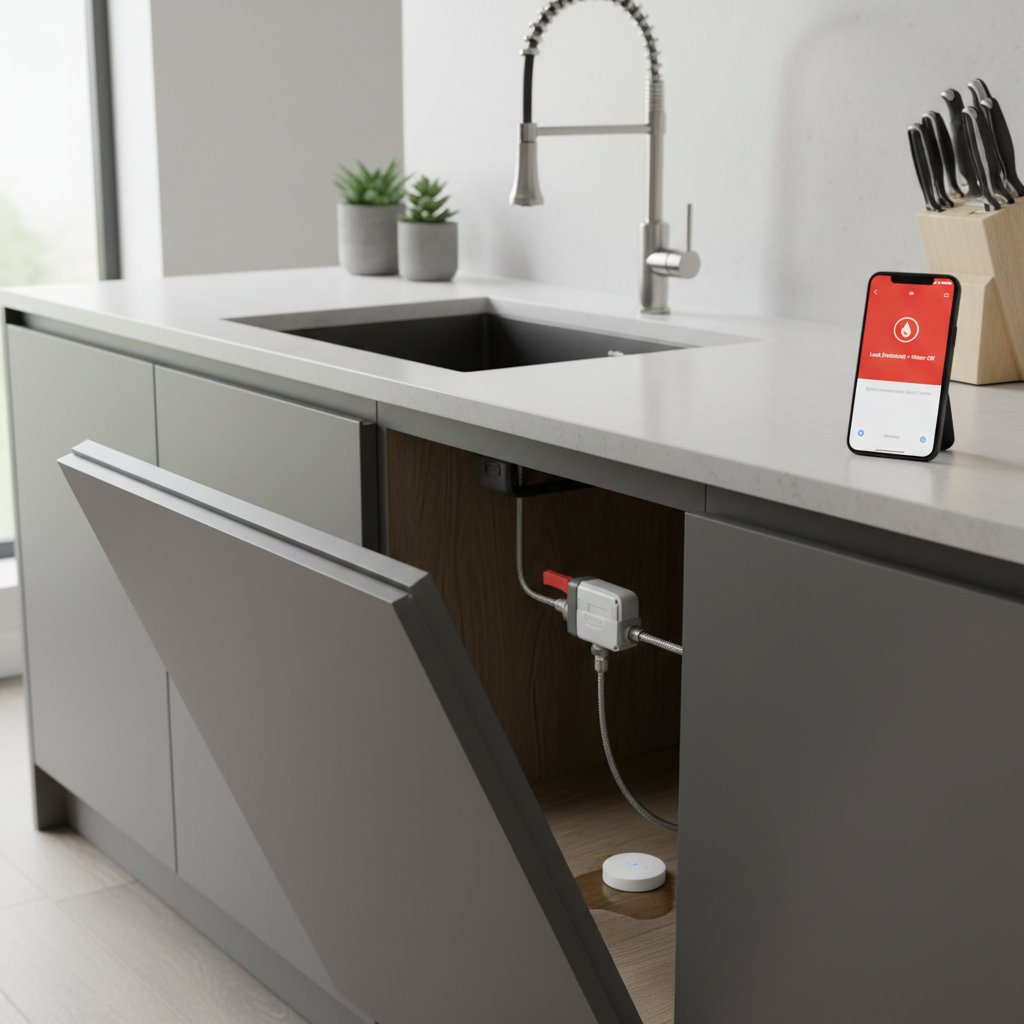 Under-sink leak sensor and smart shutoff valve with a phone alert, representing smart dishwasher leak protection