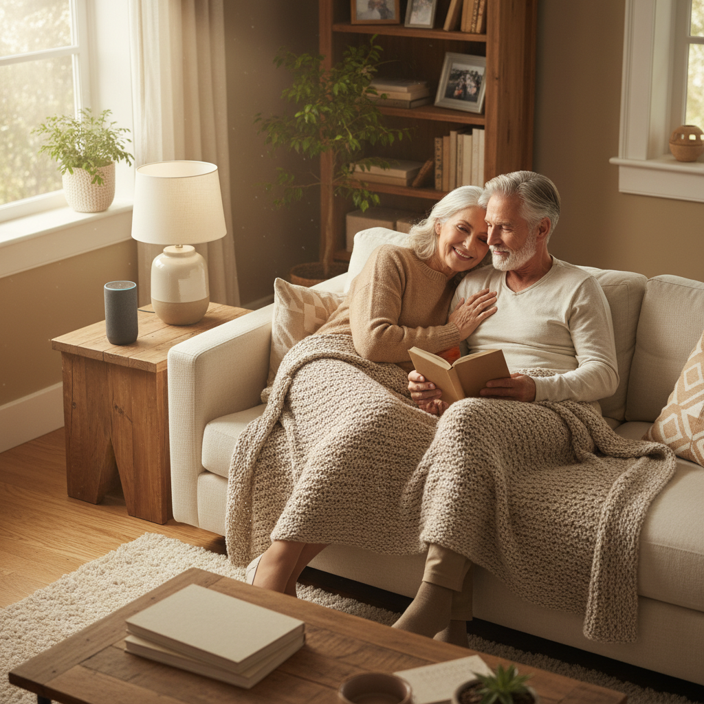 A heartwarming photo of a senior couple relaxing in a bright, cozy living room with visible smart devices like an Echo Dot. The image should radiate warmth and ease.