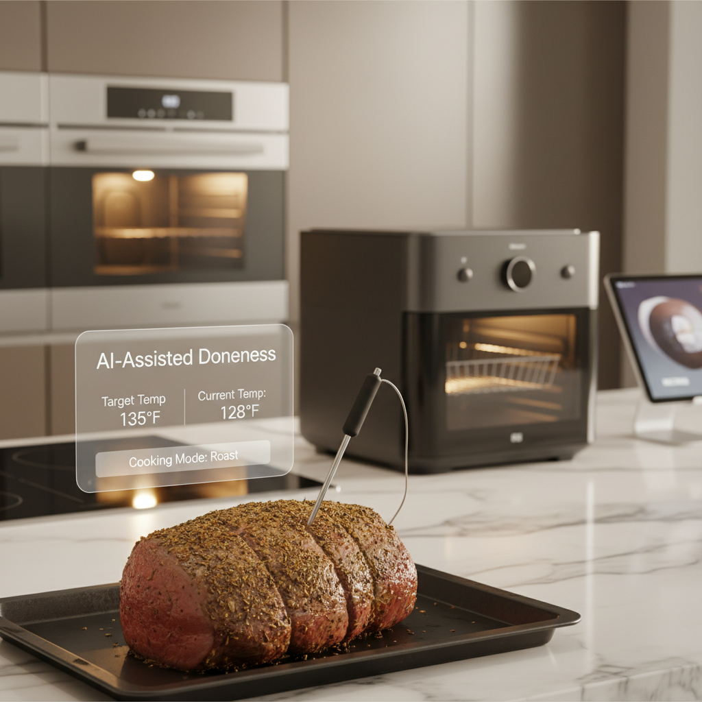 Kitchen cooking scene showing a temperature probe and AI-assisted doneness targeting for smart oven cooking.