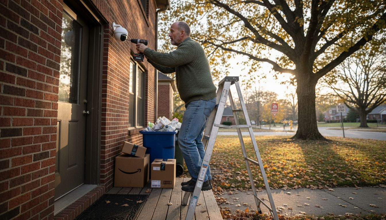 Homeowner installing smart security camera outdoors