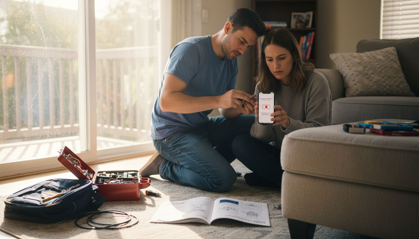 Couple installing smart thermostat in lived-in family room