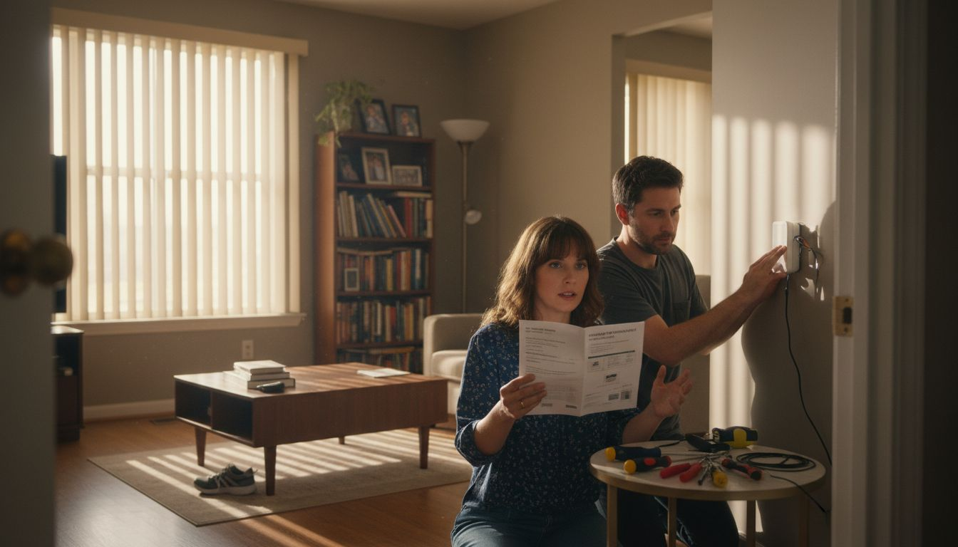 Couple installing smart thermostat in older living room