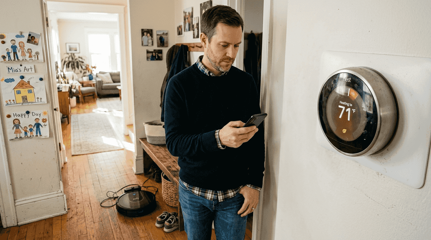 Man updating smart thermostat firmware at home