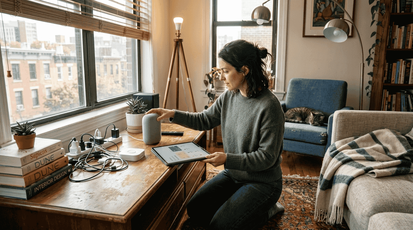 Person arranging smart home devices in living room