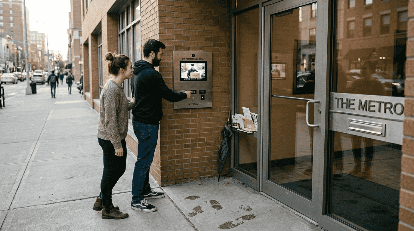 Couple using smart intercom at apartment entry