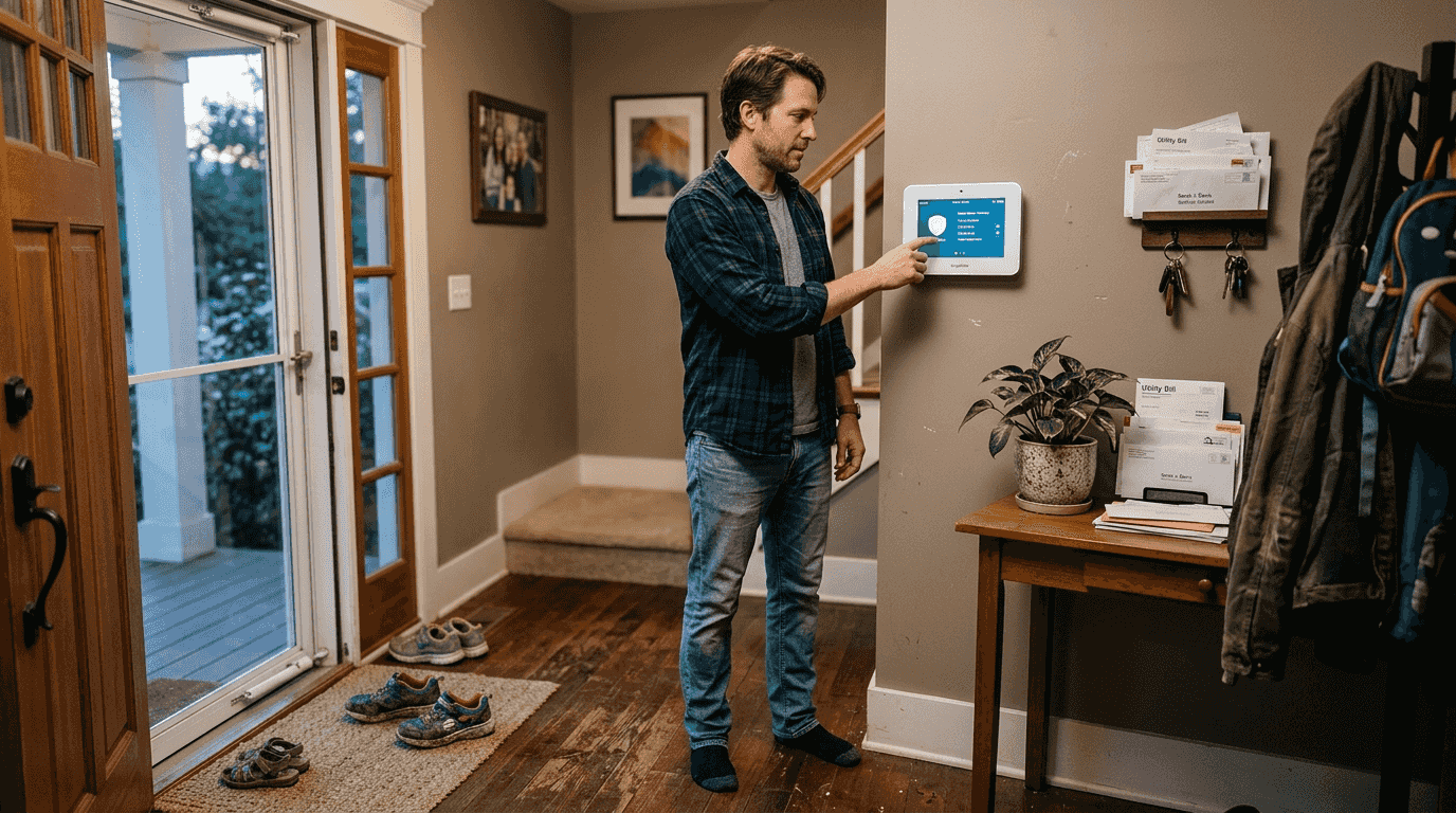 Homeowner using smart security panel hallway