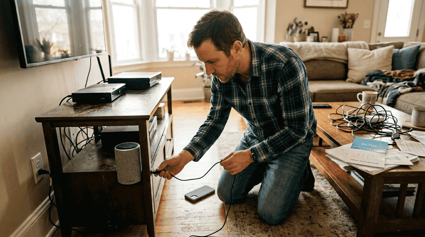 Man troubleshooting smart speaker in living room