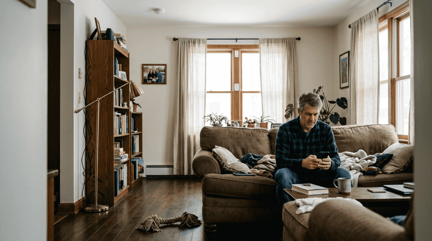 Man checks phone in room with smart sensors
