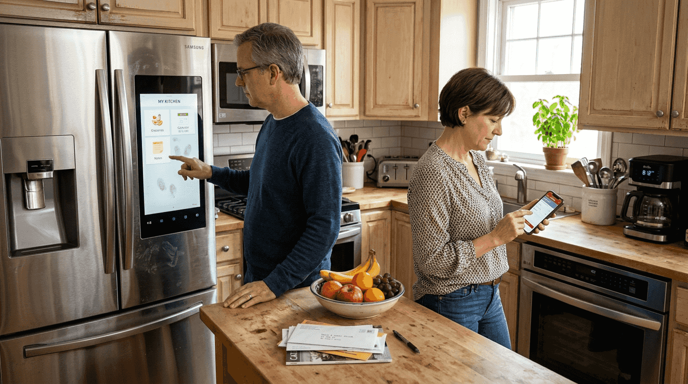 Family using smart appliances in kitchen