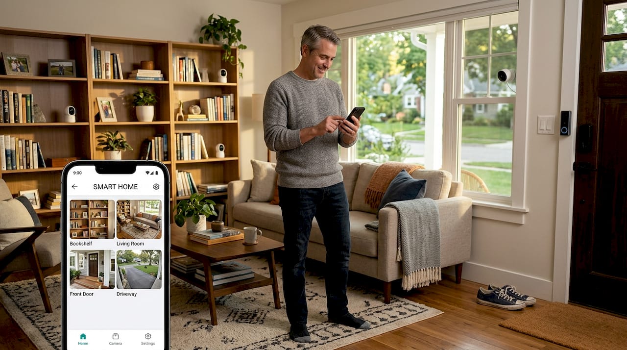 Homeowner checking smart cameras in living room