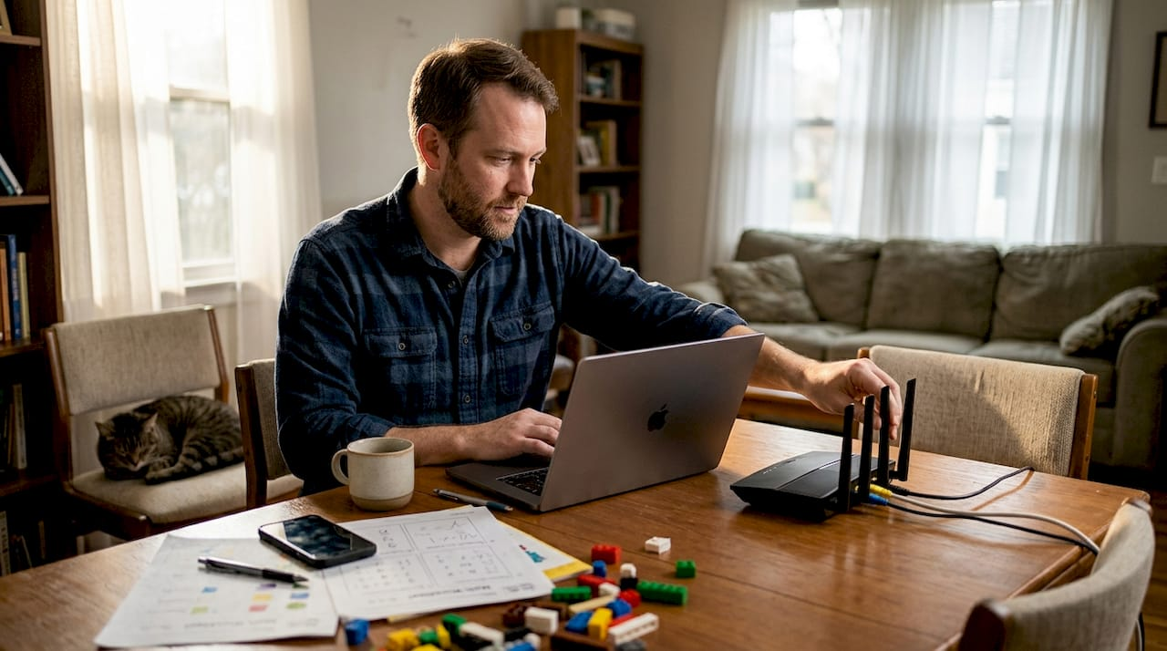 Man secures home network at dining table