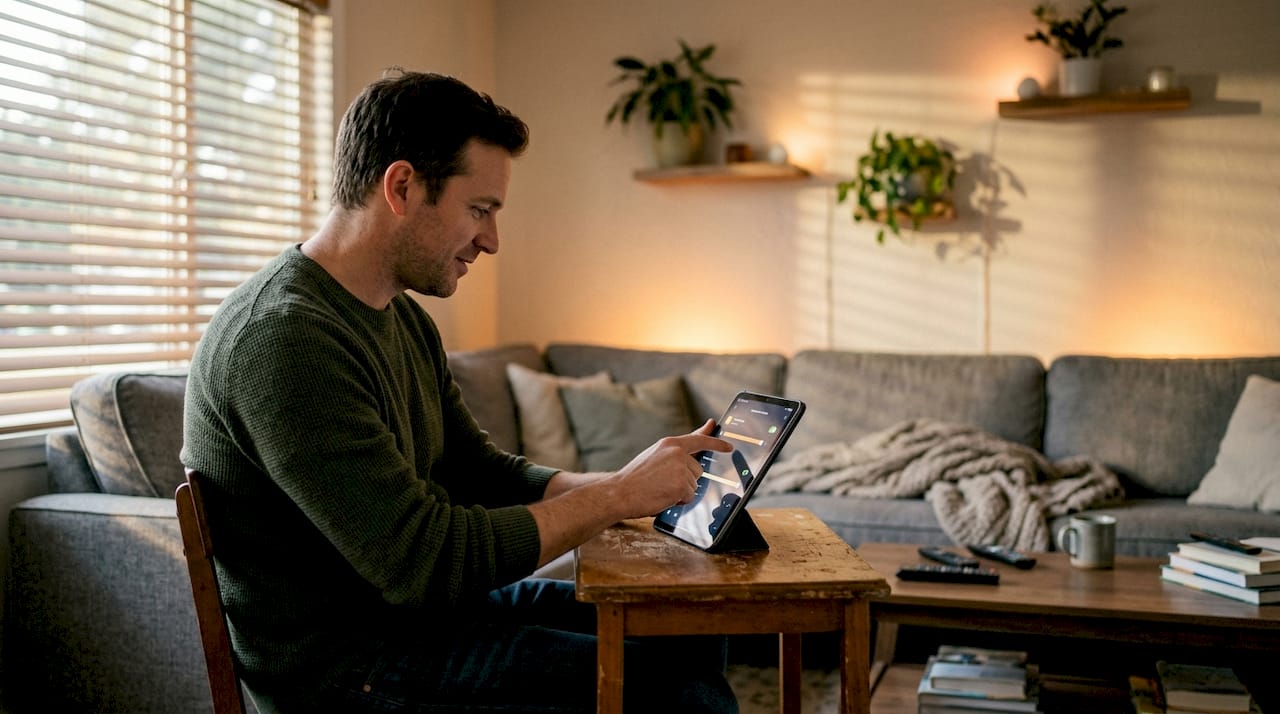 Person adjusting smart devices in living room