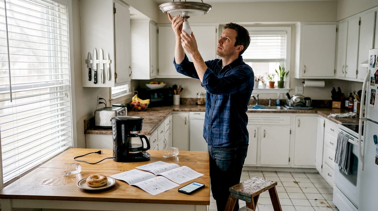 Man installing smart bulb in bright kitchen
