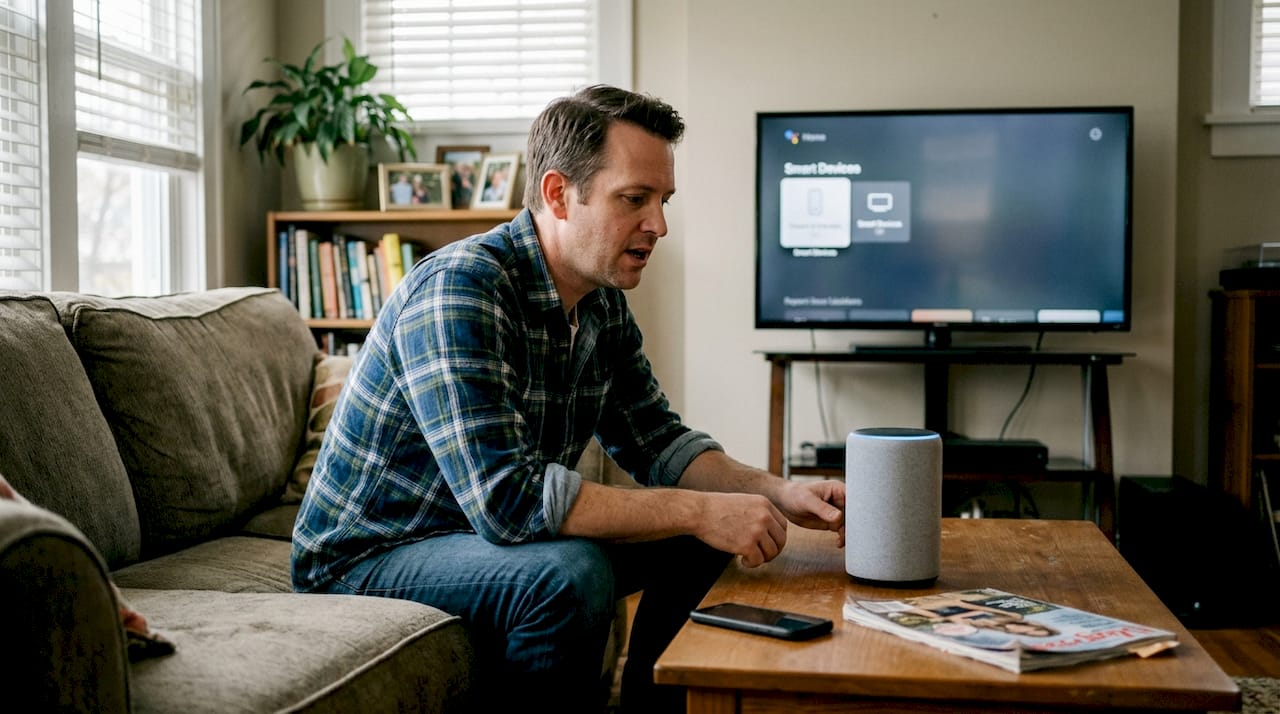 Man using smart assistant in home living room