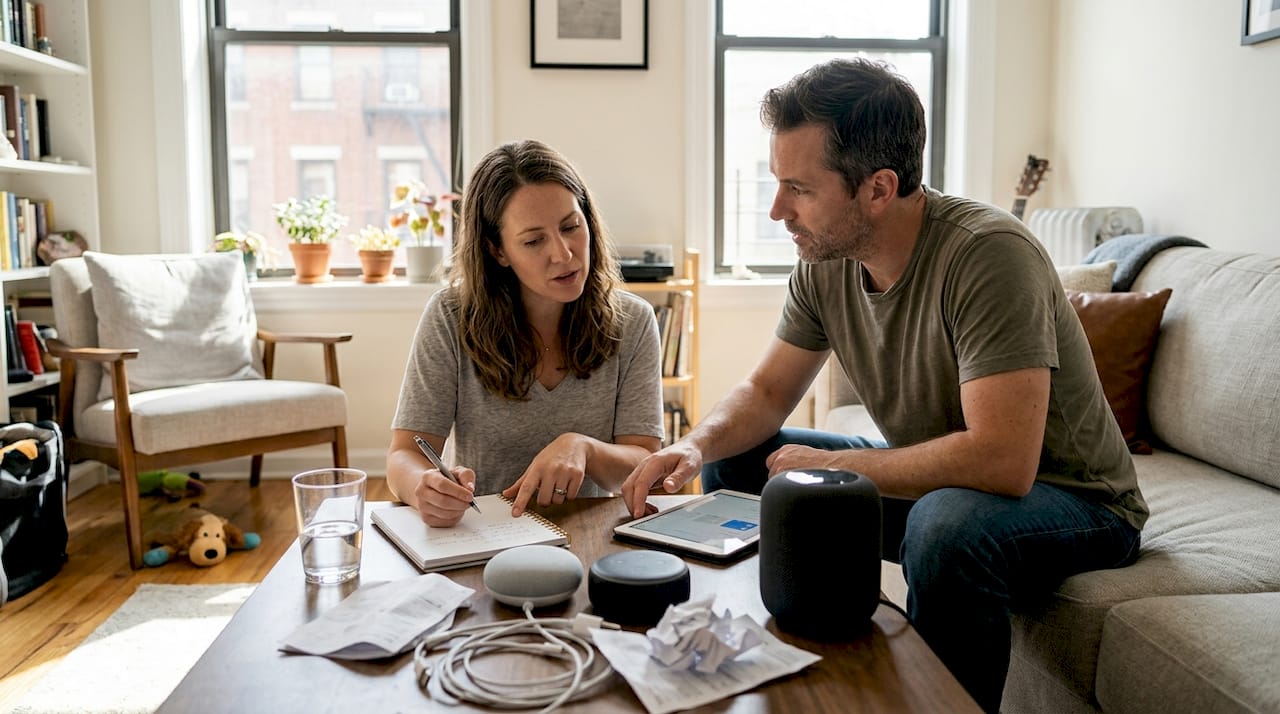 Homeowners setting up smart speakers
