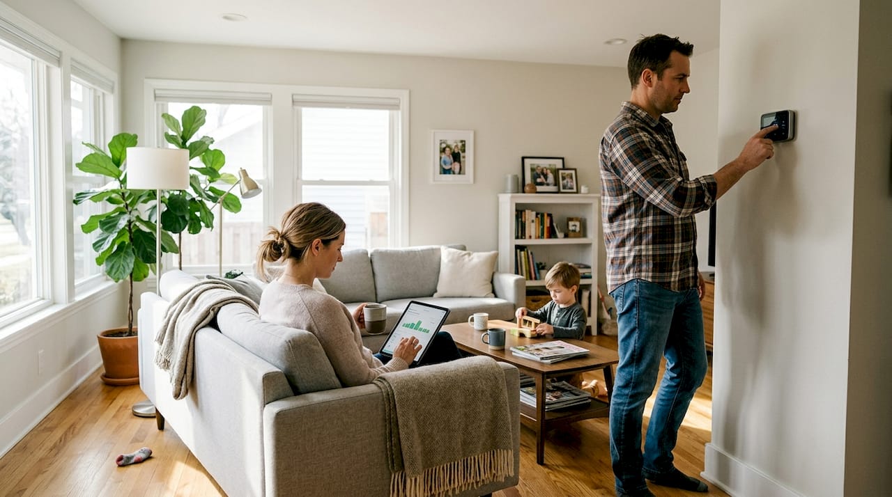 Family using smart thermostat in home