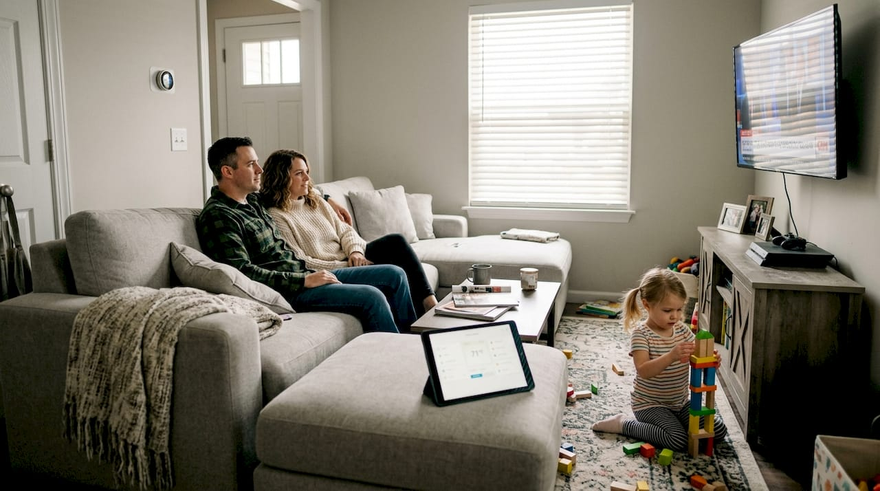 Family using home automation in living room