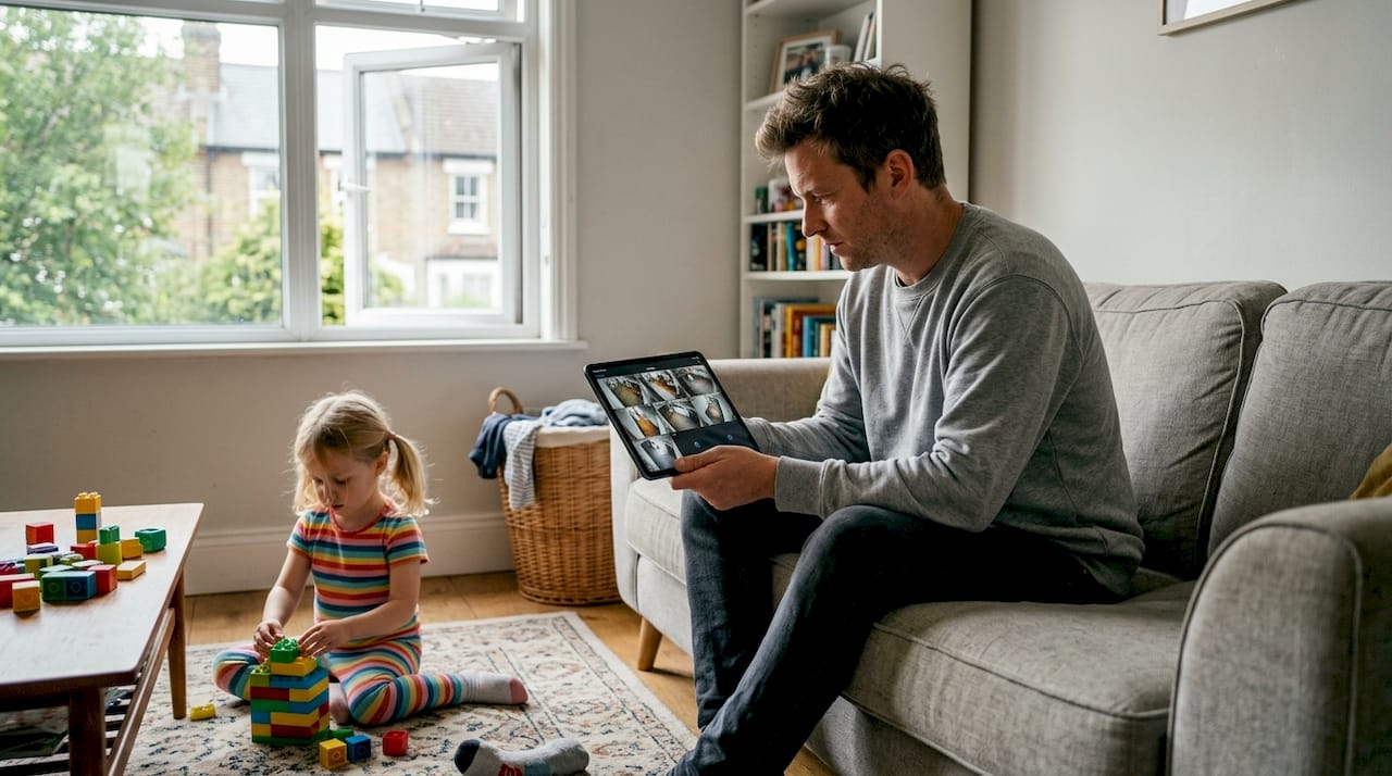Father checking home monitoring app on tablet